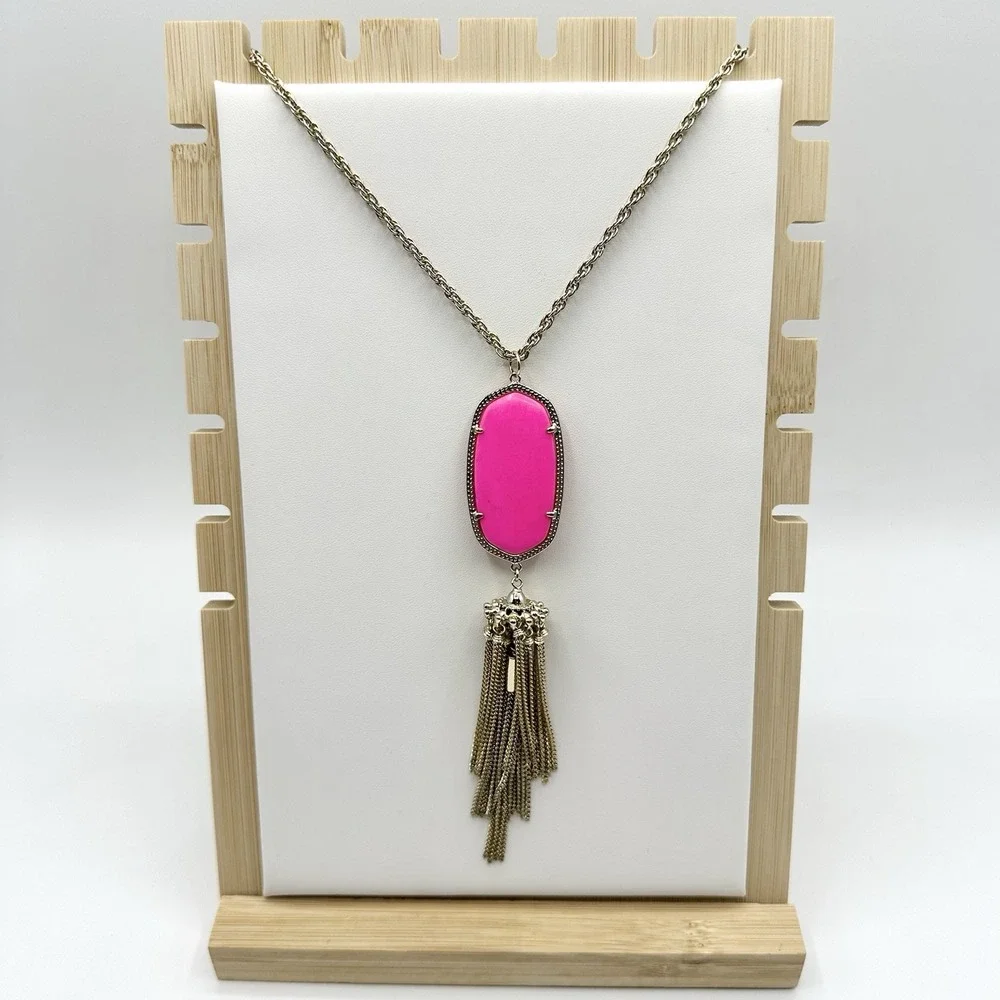 Kendra Scott Rayne Necklace Hot Pink Neon Tassel Pendant Long Goldtone Chain
